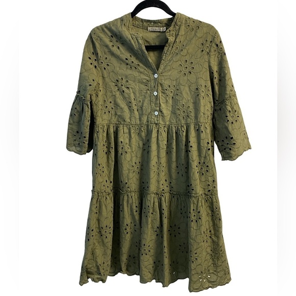 Valentina Naldi Dresses & Skirts - Valentina Naldi Olive Green Floral Eyelet Tiered Scalloped Cotton Dress Sz S
